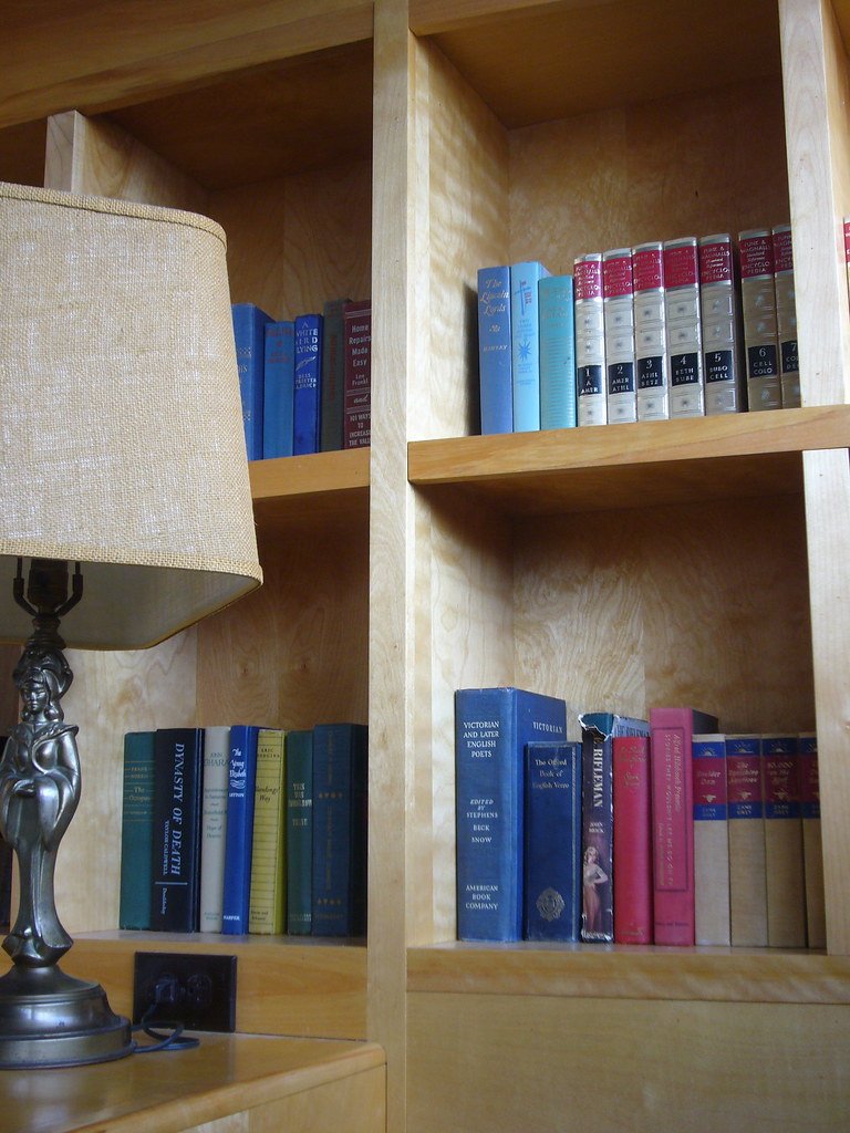 Detalle de estantería de libros con lámpara